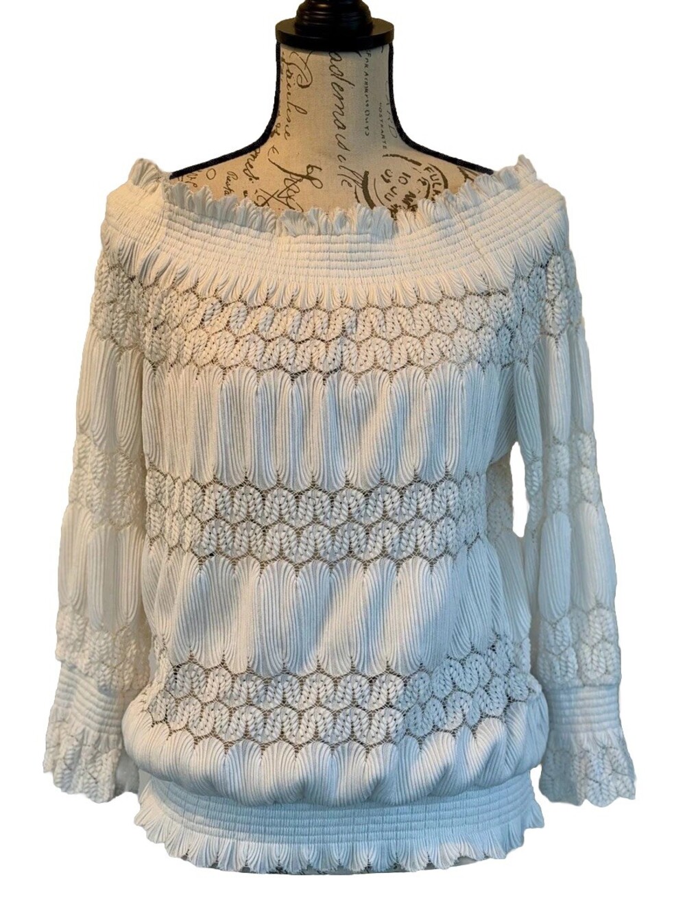 Deletta Anthropologie White Off-the-Shoulder Crochet Lace Smocked Blouse Medium